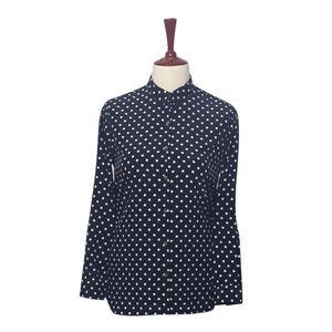 Womens Silky Satin Shirt Blue Polka Dot Blouse Button Up Dressy Top Medium Work
